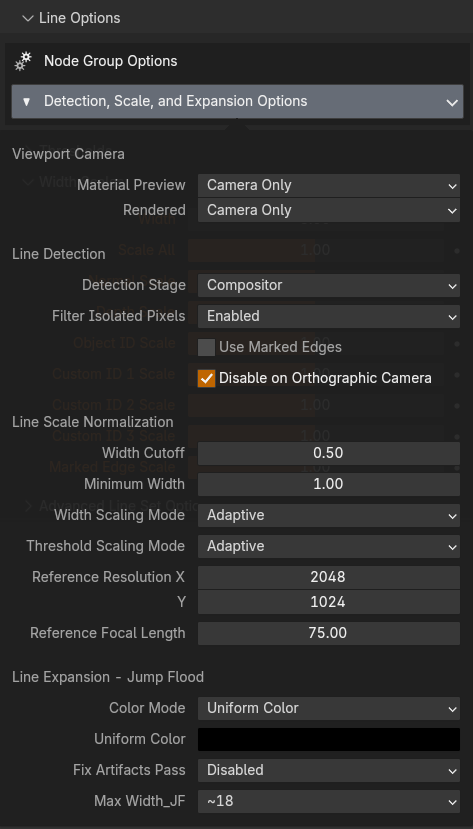 The Detection, Scale, and Expansion Options popover