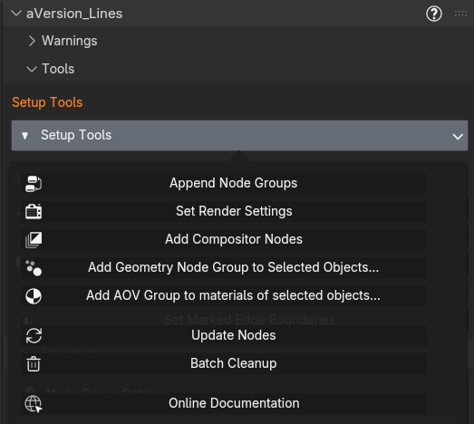 The Setup Tools popover