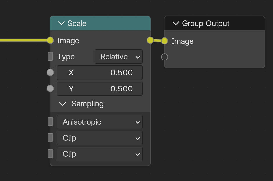 A Scale node set to Relative 0.5 with Anisotropic sampling, before the Group Output